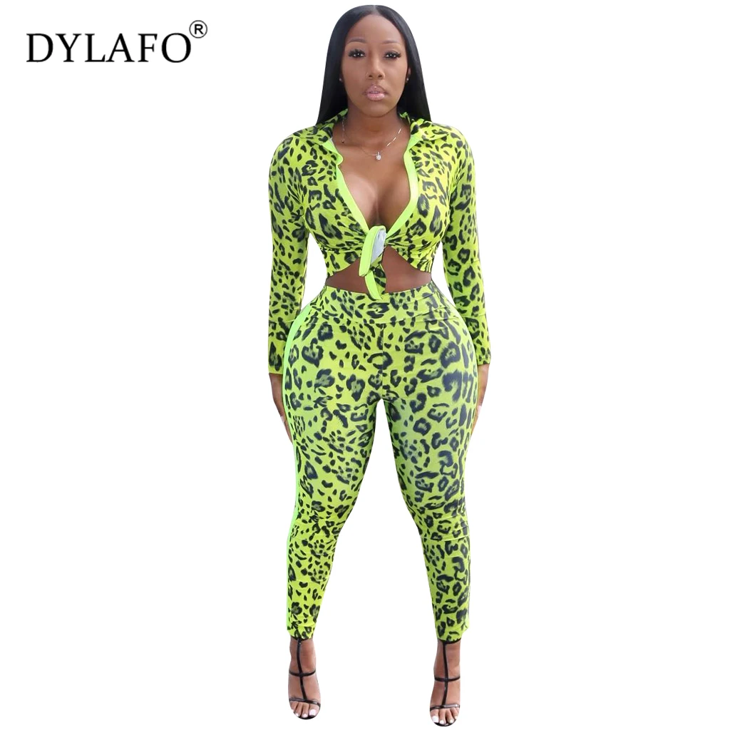 Winter Leopard Letter Newspaper Print WomenTwo Piece Set Front Tie Long Sleeve Shirt Crop Top Pencil Pants Female Sexy Club Suit