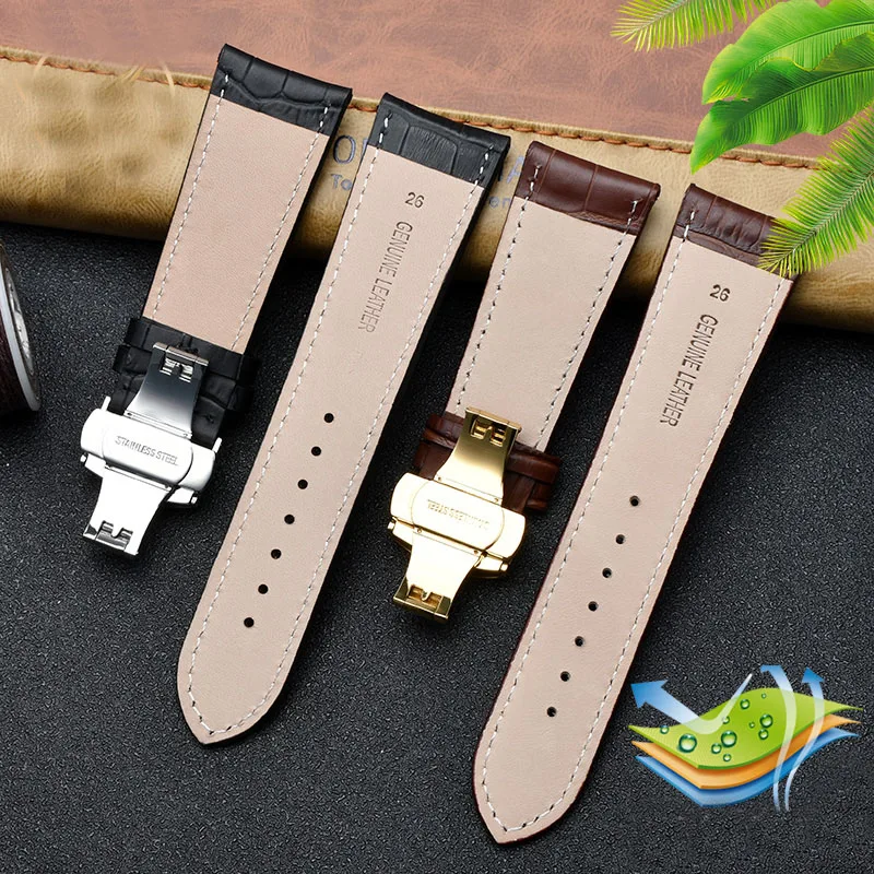Genuine Leather Watch-Strap Band with Butterfly Clasp