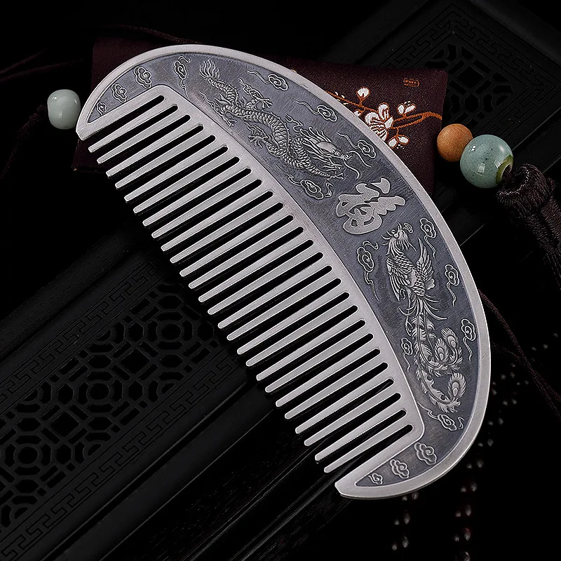 999 Silver Retro Hearts Chinese Dragon Phoenix Creative Comb Silver Comb