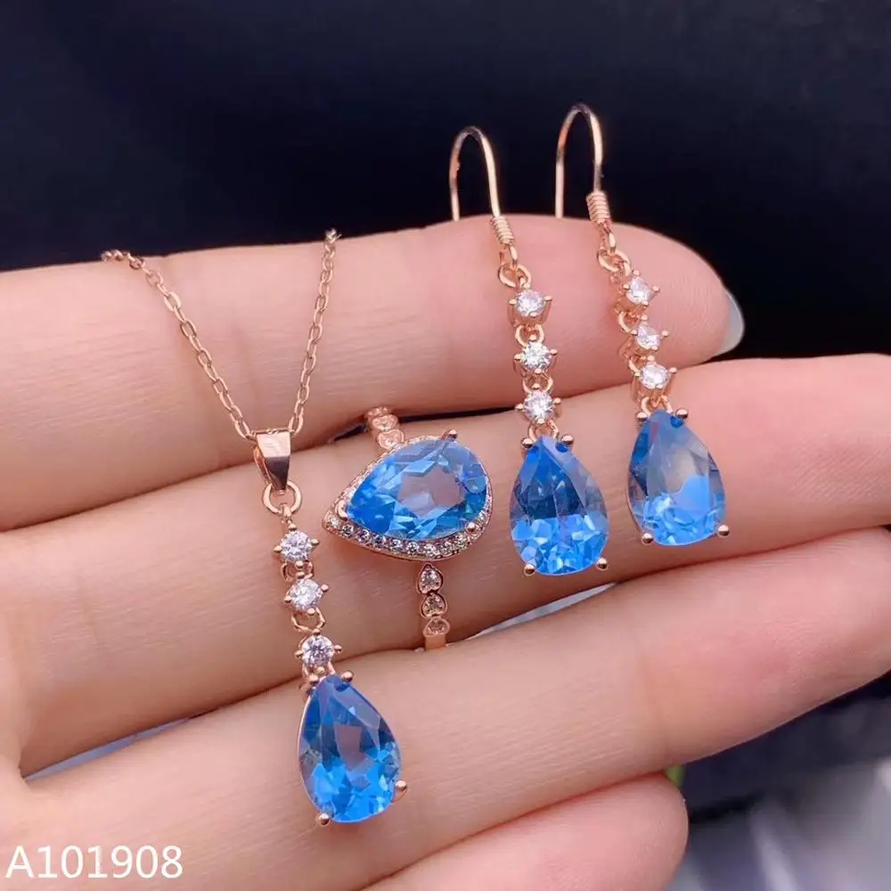 

KJJEAXCMY boutique jewelry 925 sterling silver inlaid Natural Blue topaz ring necklace earrings women's suit support detection