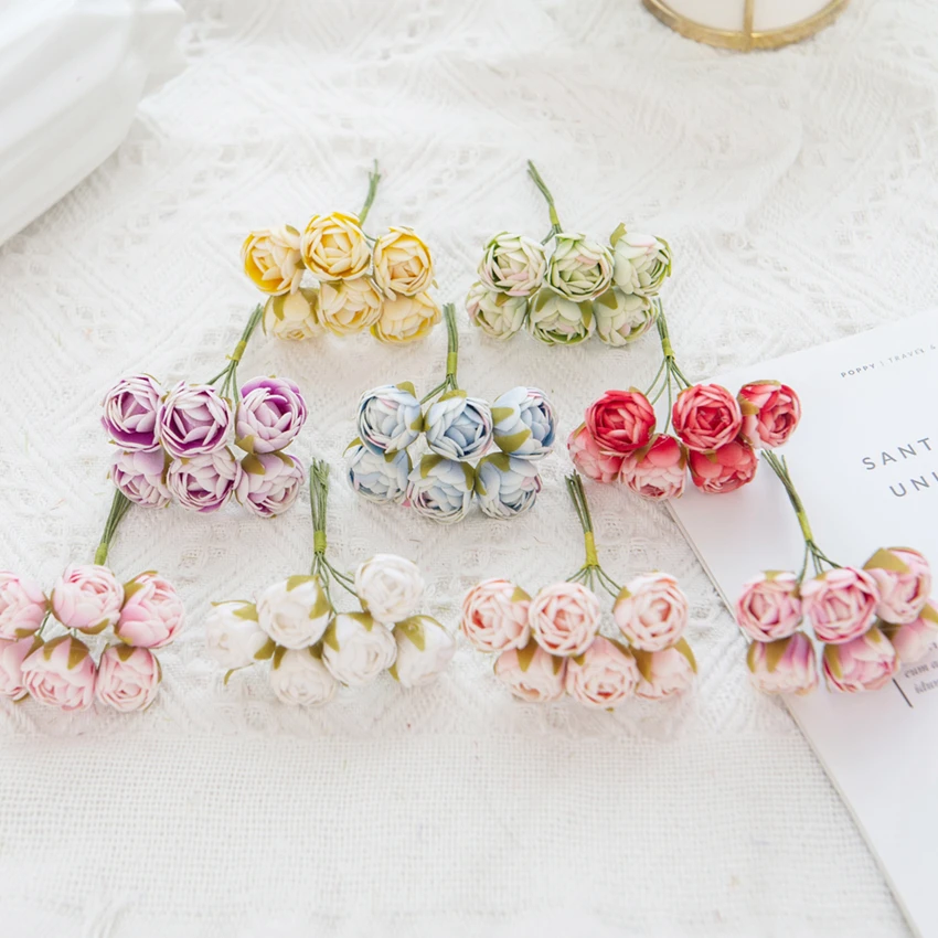 18PCS Artificial Flowers Foam MINI Roses Bouquet Home Garden Decoration Christmas Garland Handmade Candy Box Decorate Wedding