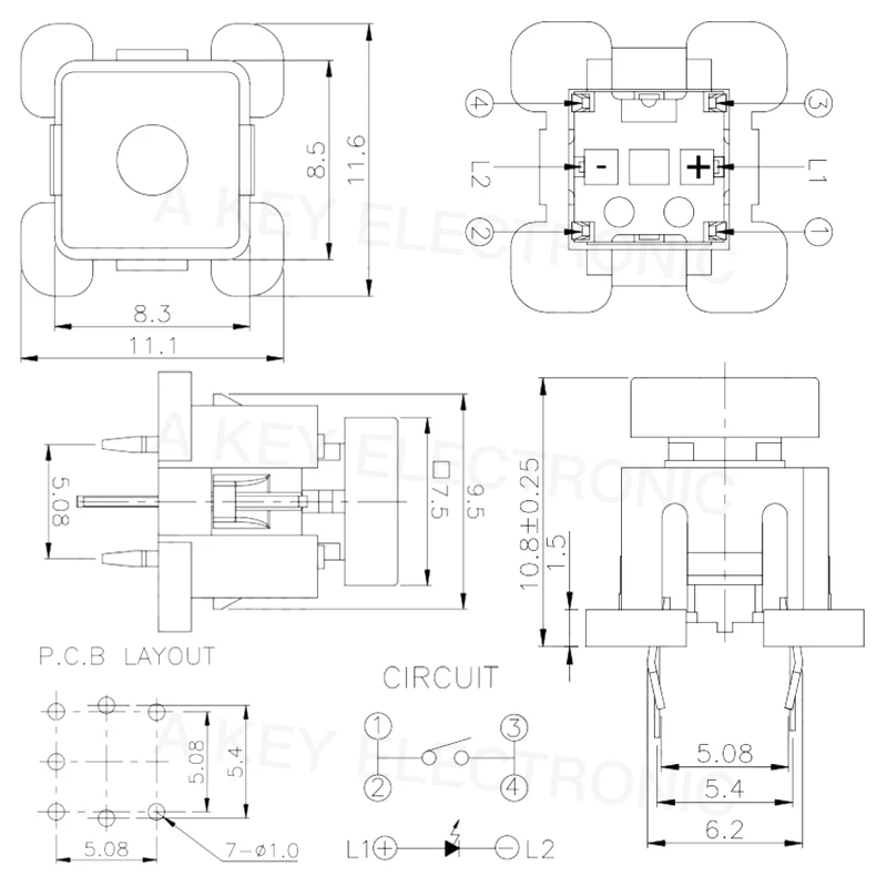 TS-H009 light touch switch with light button 6-Pin straight plug five-color with sheath 8.5 * 8.5 * 11 TS-LS-003