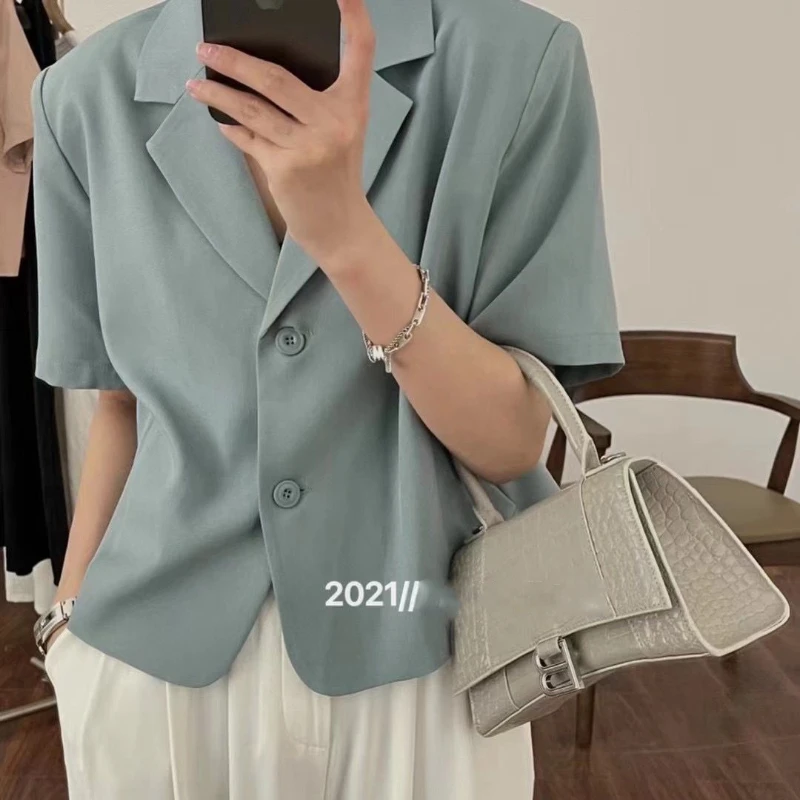 Blazers Women Leisure Elegant Solid Short Sleeve Chic Ins Korean Fashion Female Tops Office Wear Single Breasted Notched Trendy