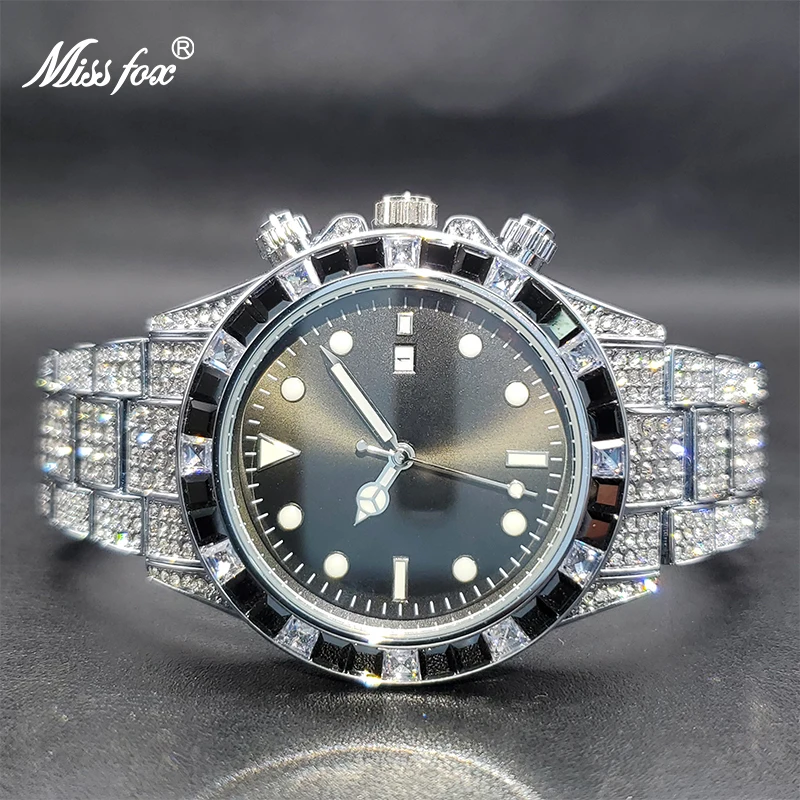 Men Watch MISSFOX Fashion Brand Luxury Classic Design Black Diamond Iced Out Watches For Male Auto Calendar Clock Dropshipping