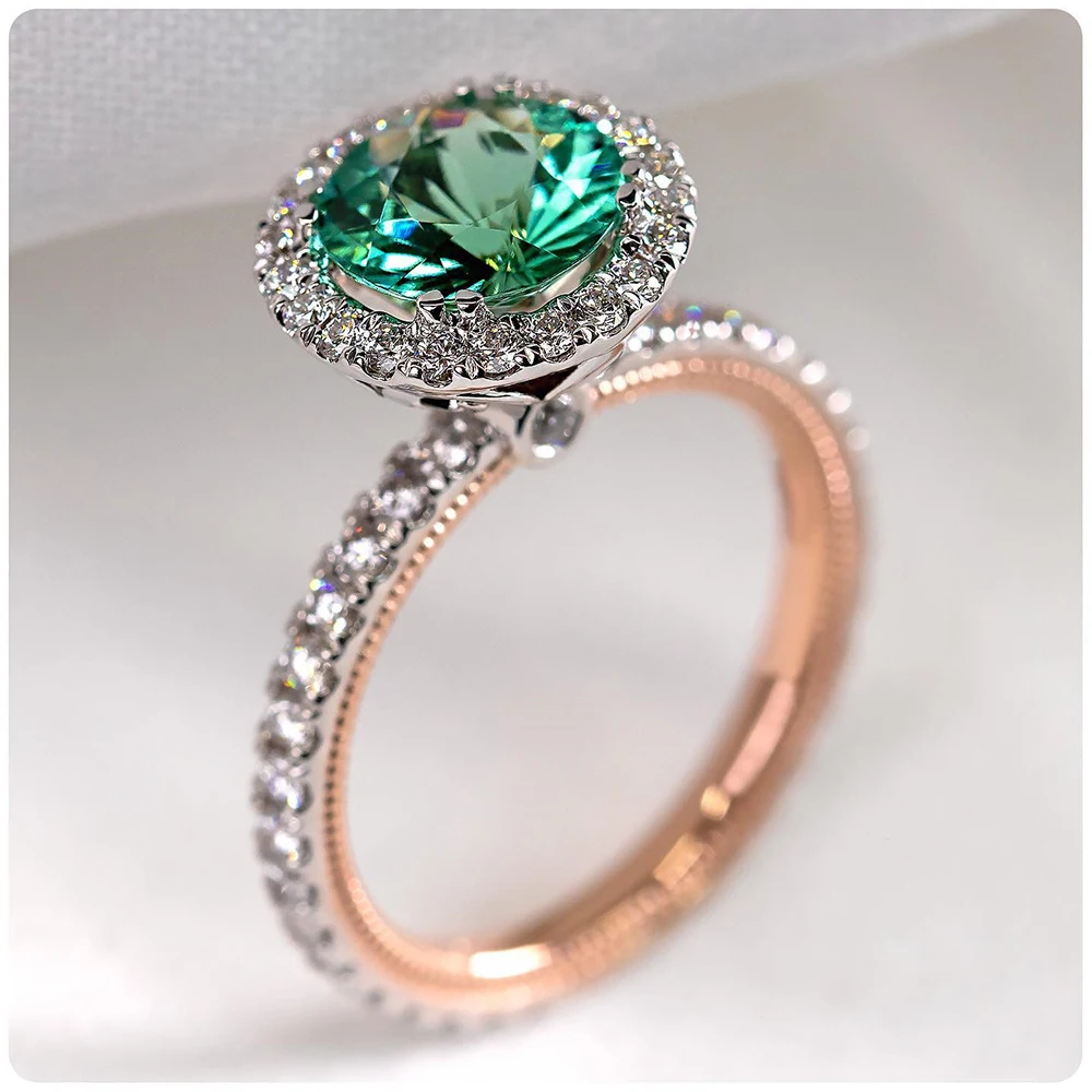 Huitan Gorgeous Round Green Stone Women Wedding Rings Micro Paved Crystal Zircon Noble Gift Lady Engagement Ring Classic Jewelry