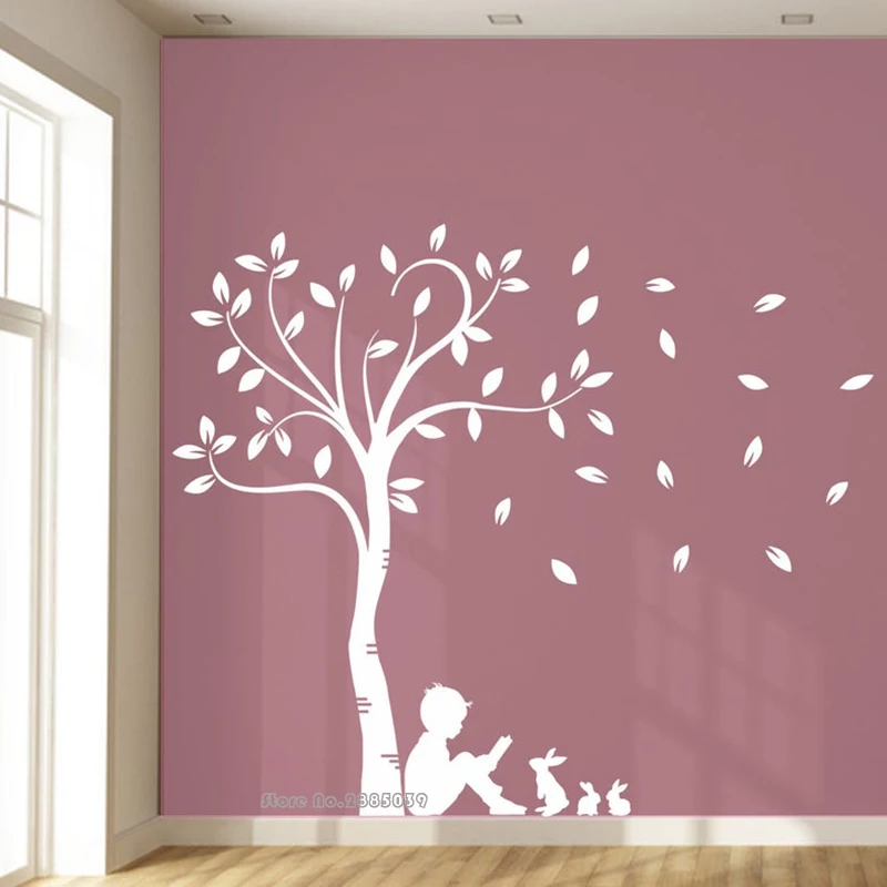 New Design Wallpaper Supreme Large Leaved Tree  Vinyl Wall Decal Sticker Little Boy Reading With Rabbits Pattern Art Mural LL874