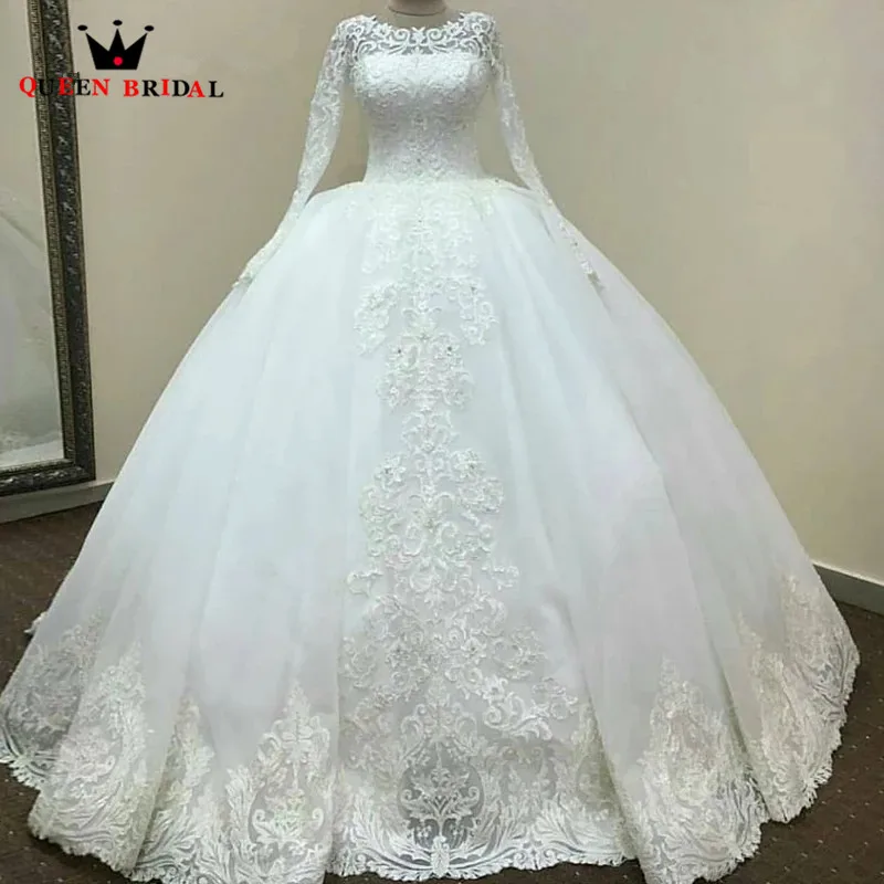 

Ball Gown Long Sleeve Puffy Tulle Lace Beaded Luxury Wedding Dress Formal Bride Dresses Custom Made DJ18