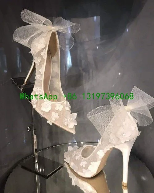 Ladies cute pointed knot bow-knot decorated high heels wedding shoes flower decoration mesh hollow shoes footwear large size 43