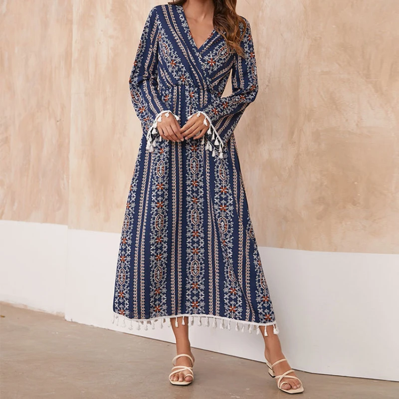 

Tassel Trim A-line Dress Women Vintage Printed Bohemian Mid-calf Dress Fashion V-Neck Casual Vestidos Female Long Sleeve Robe XL