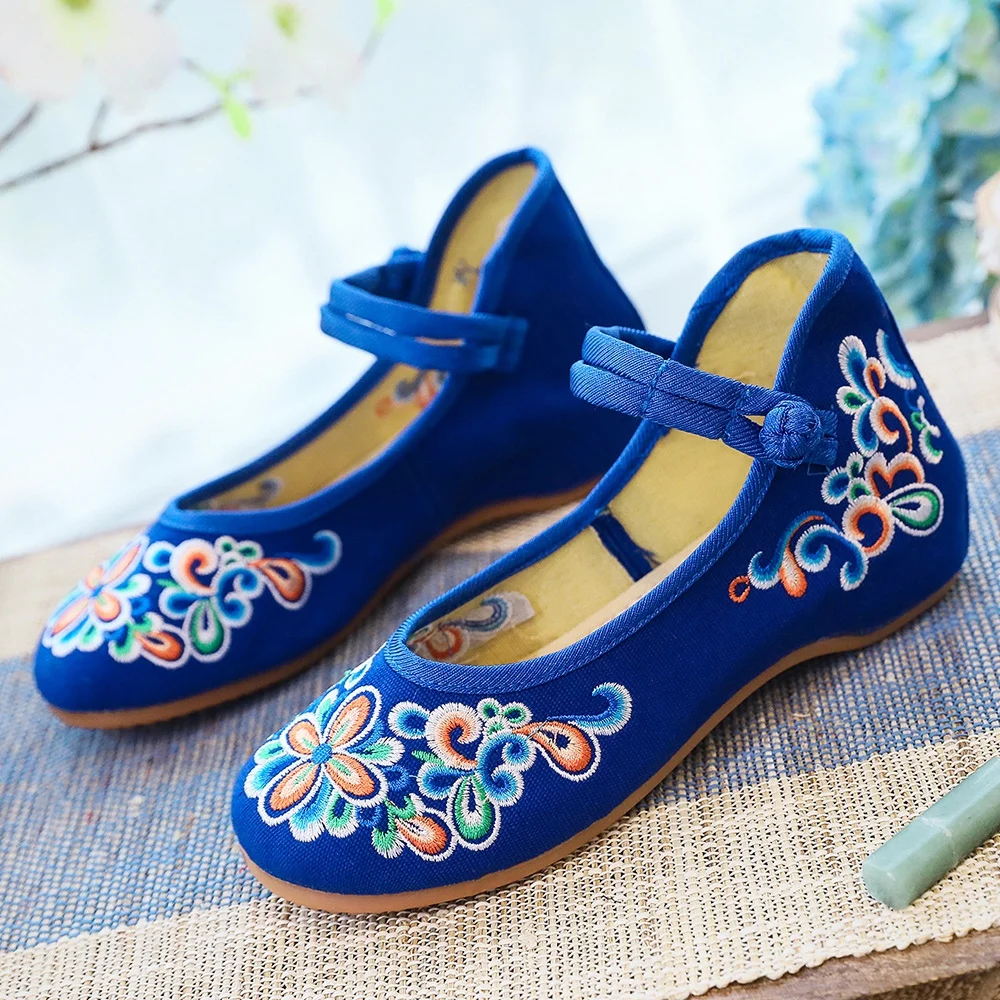 Veowalk Vintage Embroidery Women Cotton Mary Jane Flat Shoes Comfortable Ladies Walking Ballerinas Large Size 10 11 Black Blue