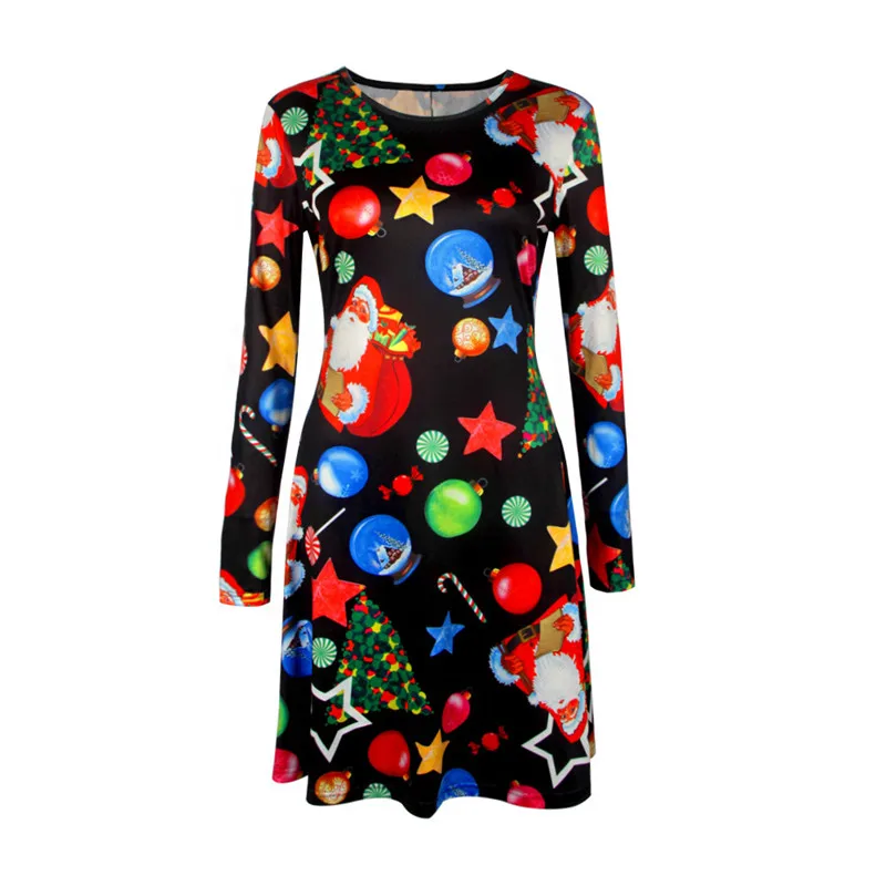 Winter Christmas Dresses Women 50S 60S Vintage Robe Party Dress Long Sleeve Casual Tree Snowman Print Mini Dress Plus Size 5XL