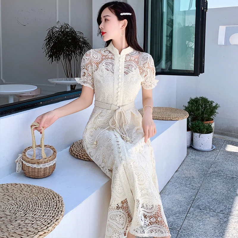 A-Line Embroidery Lace Spring Party Short Sleeve 2021 Dress Runway Elegant Dresses Women Vintage High Waist Boho Autumn Vestido