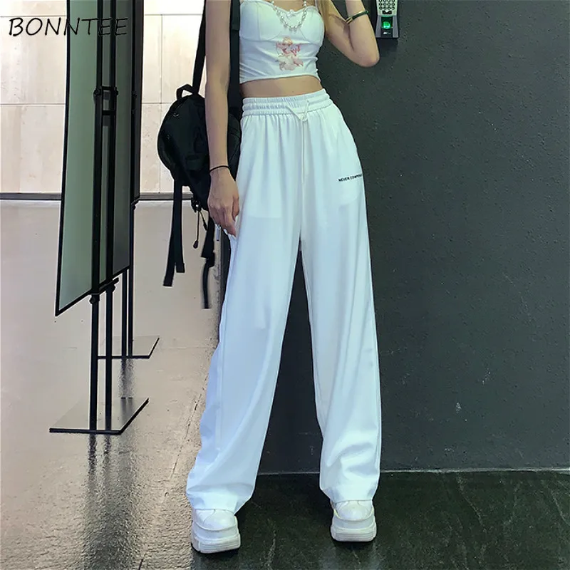 Wide Leg Pants Women Harajuku BF Style Chic Letter Simple Drawstring Teens Full Length Trousers Summer Stylish Ladies Streetwear