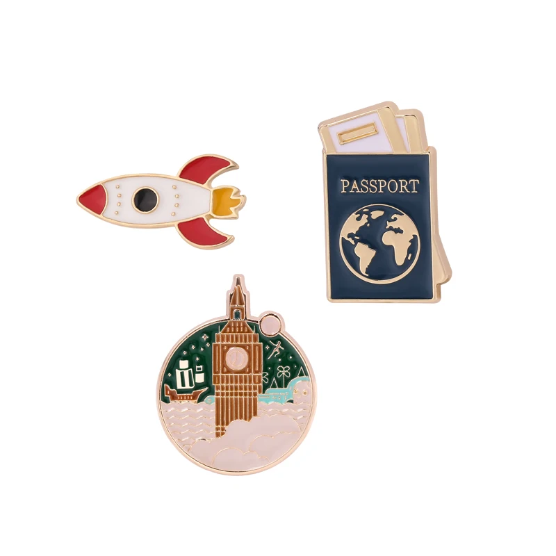 Big Ben Lighthouse Enamel Pin Round sea Castle Boat Brooches Passport Map Plane Pin Badge Jewelry Gift for Traveler Brooches