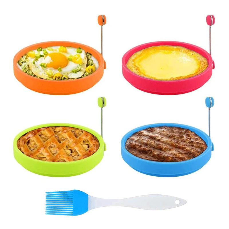 

4 Pack Egg Pancake Rings Silicone Fried Egg Pancake Maker Ring Kitchen Baking Breakfast Omelet Moulds with an Oil Brush