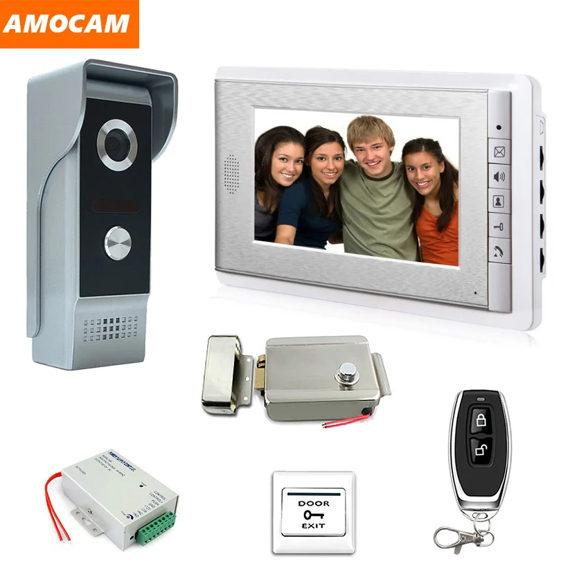 Video Intercom Doorbell Kits 7\'\' Monitor Wired Video Door Phone System 700TVL IR Camera with Electric Lock + Remote Control+Exit