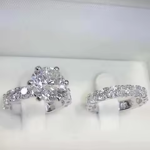 2 Pcs/Set Silver Color Women's Wedding Engagement Ring Sets Stylish Style White Rhinestone Zircon Crystal Classic Jewelry