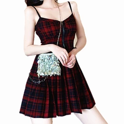Women Vintage Strap Plaid Mini Dress High Waist V-Neck Female Street Fashion Pleated A-Line Dresses Lady Dark Gothic Clothing