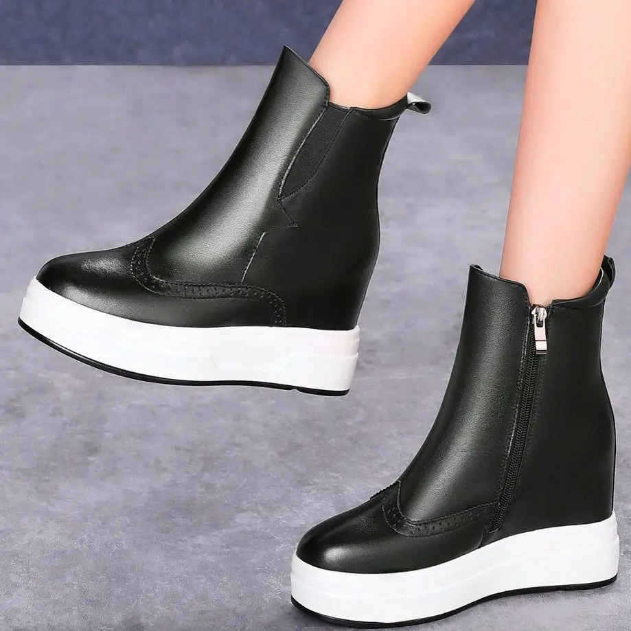 Military Ankle Boots Women's Cow Leather Platform Wedge Fashion Sneaker High Heels Thick Sole Creepers Goth 34 35 36 37 38 39 40