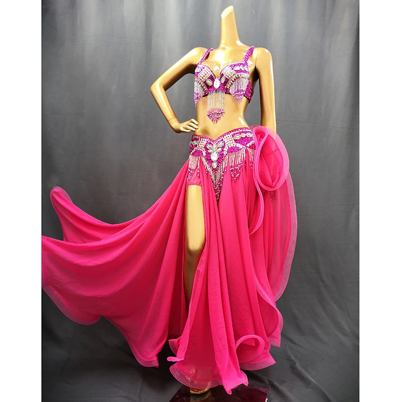 Hot Sale Professional Women belly dance costume wear for stage performance outfit 3piece suit Beaded carnival dancer costume set