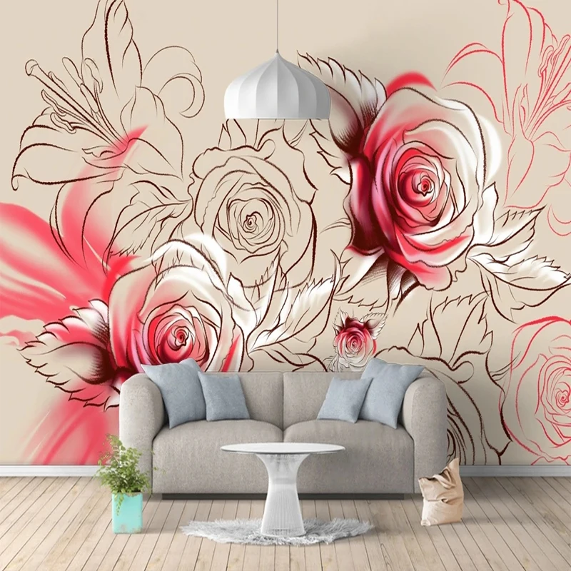 Custom 3D Mural Sketch Art Red Rose Flowers Painting Non-woven Bedroom Living Room Sofa Background Photo Wall Paper Waterproof