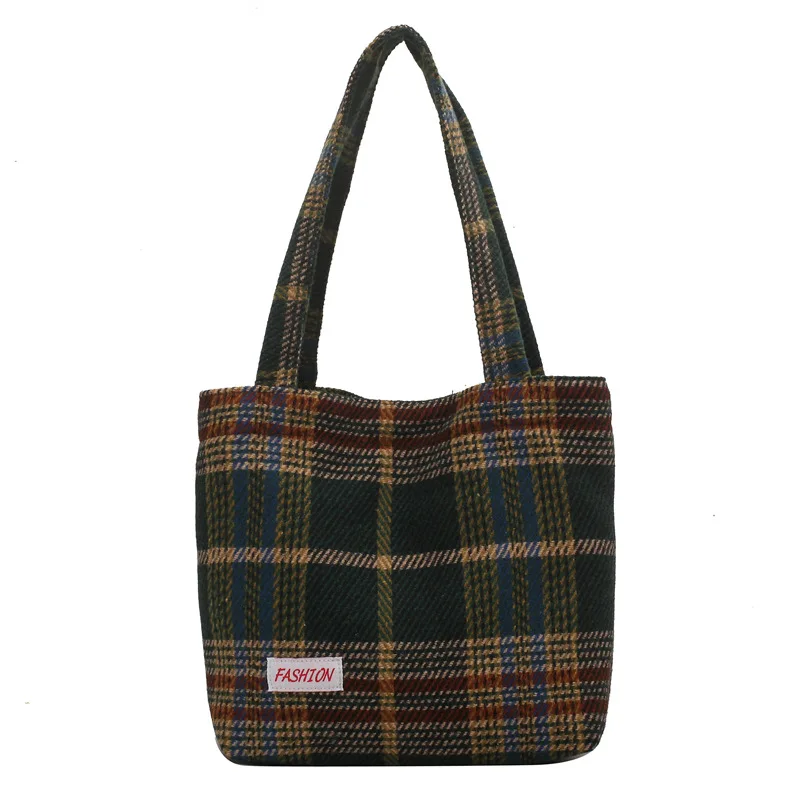 Tote Women\'s Bag Shoulder Wool Shopper Bags For Women Large Capacity Autumn Winter New Soft Plaid Ladies Travel Designer Handbag