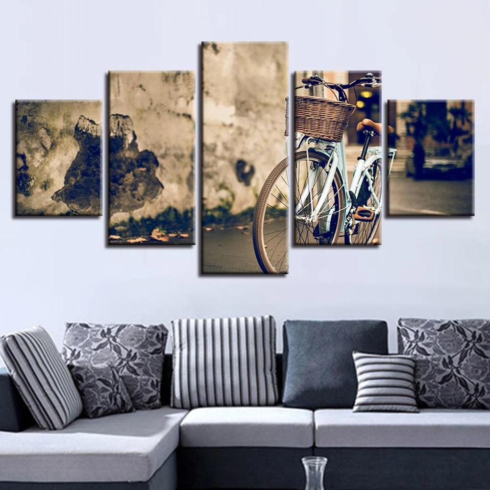 5 Pieces Wall Art Canvas Painting Retro Bike Landscape Poster Modern Living Room Bedroom Home Decoration Pictures Framework