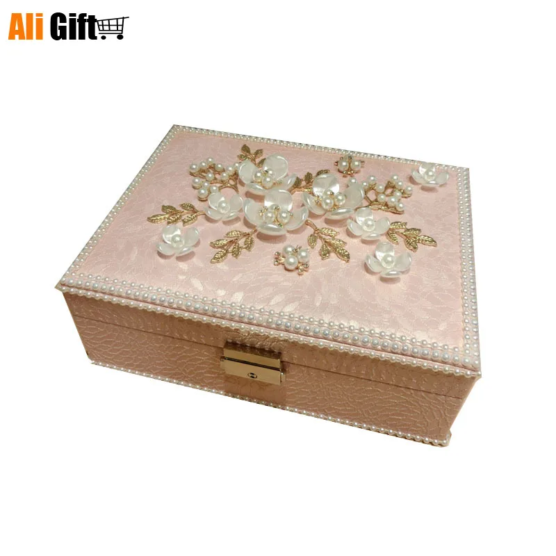 

New Fashion Jewelry Storage Boxes Princess Pearl Lock Wooden Lovely Earrings Ring Necklace Bracelet Jewelry Boxes Organizer