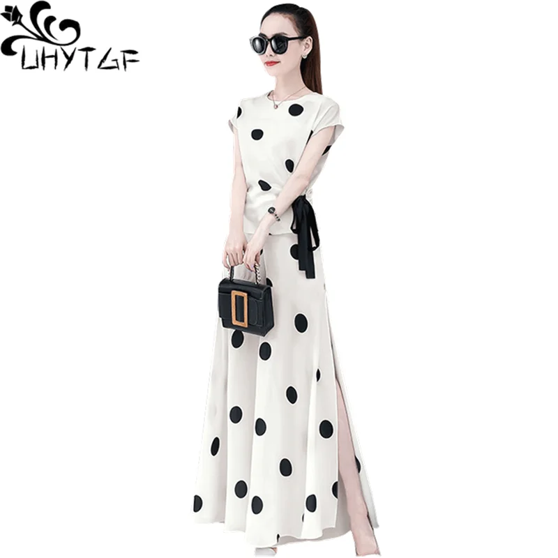 

UHYTGF Fashion Chiffon Summer Two Piece Set Women 2023 Polka Dot Split Wide Leg 2 Piece Set Female Casual Pants Skirt Suit 1179