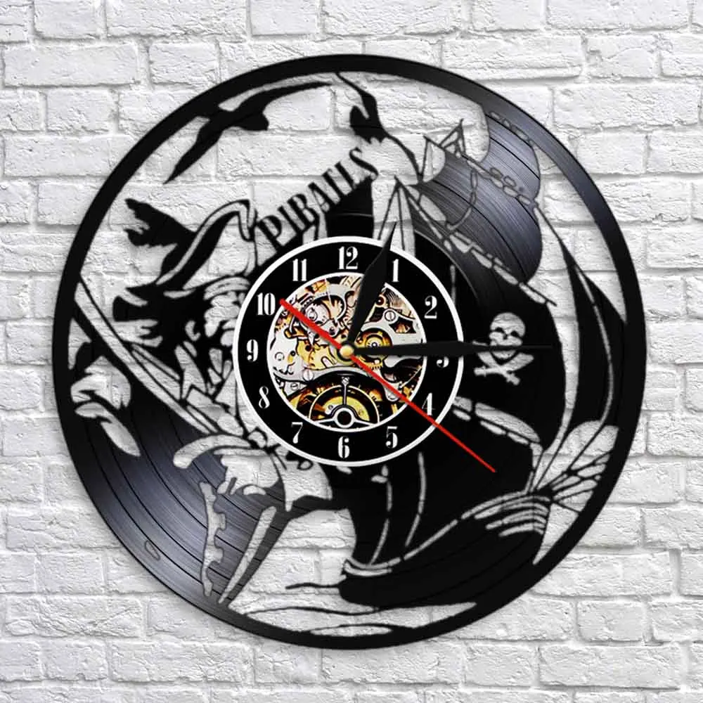 Pirates Ship Design Wall Clock Sailing Ship Corsair Vinyl Record Hanging Watch Seven Seas Art Decor Home Unique Handmade Gift