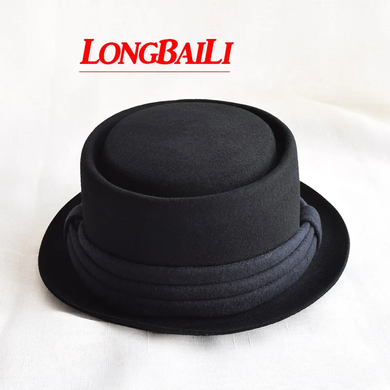 Winter Black Wool Fedora Hats For Men Chapeu Porkpie Panama Felt Flat Top Caps Free Shipping PWSX029