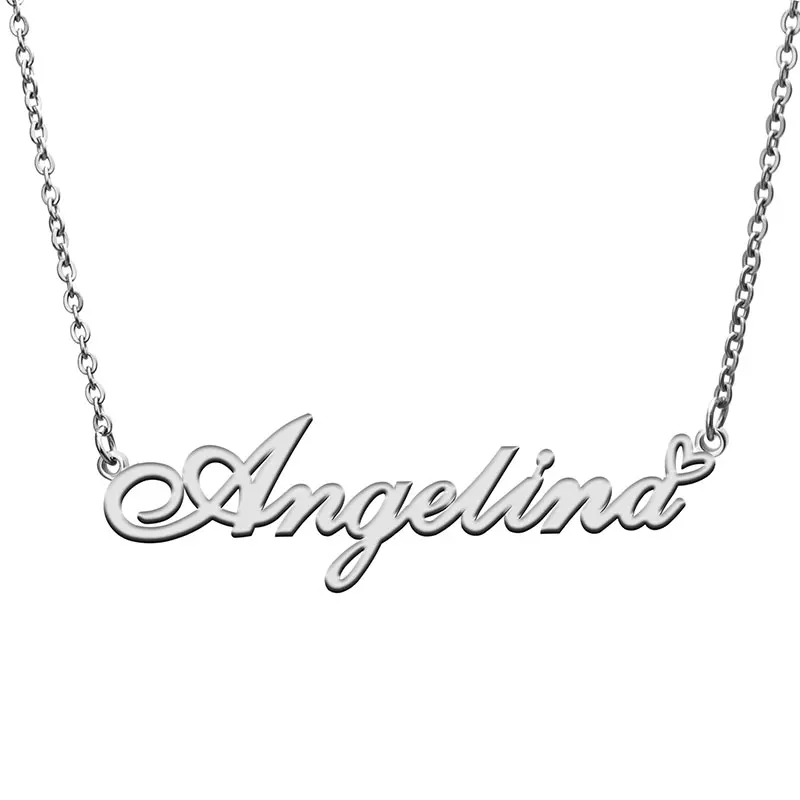 Angelina with Love Heart Name Necklace for Women Stainless Steel Jewelry Nameplate Pendant Femme Mother Child Girls Gift