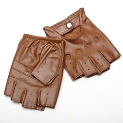 Men Sheepskin Gloves Retro Genuine Leather Fingerless Gloves Driving Cycling Motorcycle Unlined Half Finger Gloves