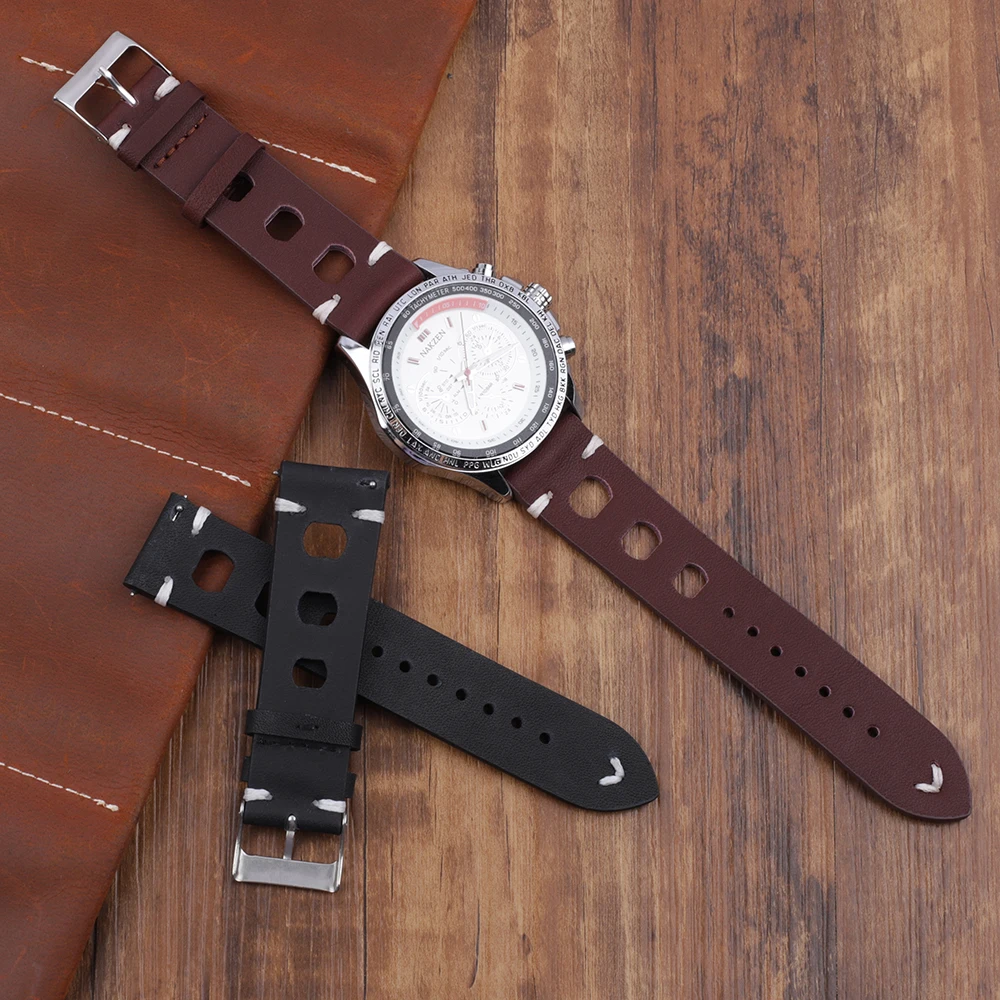 Vintage Watch Strap Porous Breathable Leather Strap Red Black Brown 18/20/22/24mm Quick Release Watch Band Wistband Bracelets