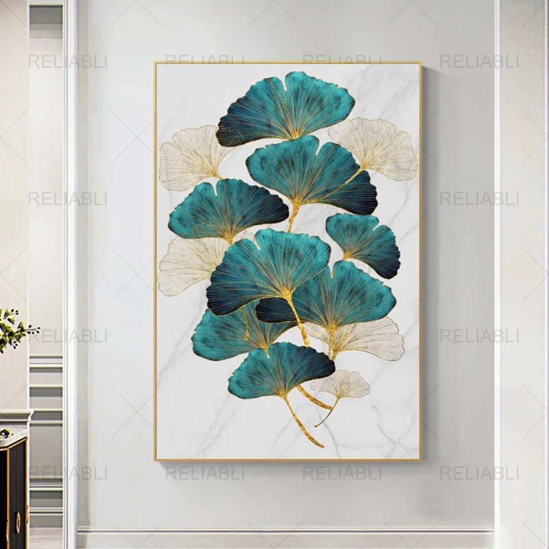 Golden Ginkgo Biloba Abstract Leaves Poster and Prints Modern Canvas Painting Interior Home Decor Wall Picture for Room Decor