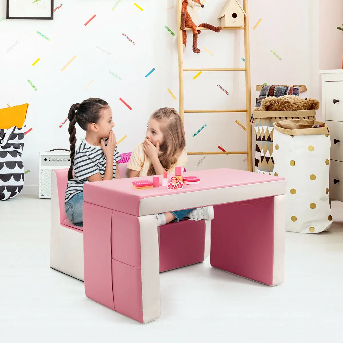 Conjunto de sofá multifuncional para niños, mueble de mesa y sillas de 2 asientos con caja de almacenamiento, HW58620PI