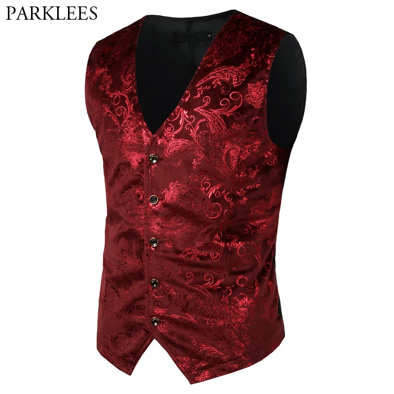 Erkek kırmızı Paisley bronzlaşmaya yelek tek göğüslü v yaka düğün elbise yelekler erkekler gotik aristokrat Steampunk victoria jile Homme