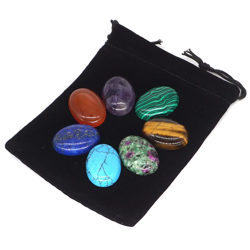 

7 Chakra Gemstone Engraved Reiki Healing Quartz Crystal Oval Cabochon Flat Worry Spiritual Stones 1 Set