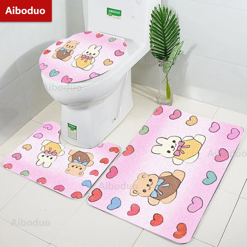 

Aiboduo Hot Sale Kawai Bear Rabbit NonSlip 3pcs/set Toilet Lid Cover Set BathMat Carpet Restroom Rug Cute Warm Home Decoration