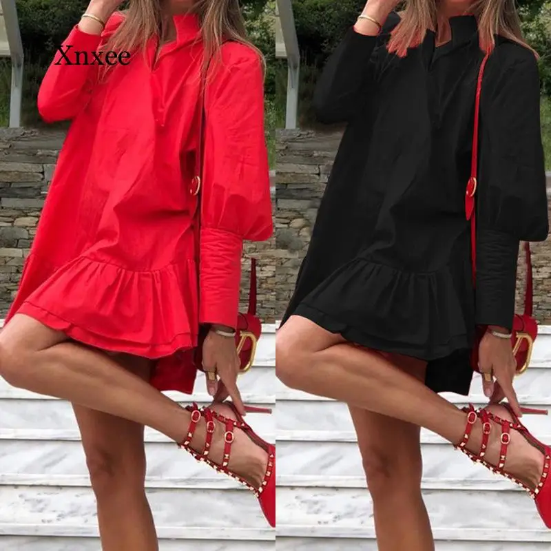 Women Loose Elegant Solid Color Ruffle Dress Autumn Vintage Lantern Sleeve Mini Dresses Ladies Casual A-Line Vestidos Dress