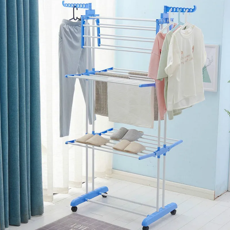 

Mobile multi-layer drying rack towel floor folding double pole three-layer hanging WY5