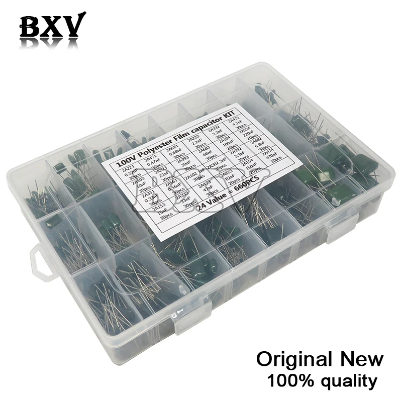 

660PCS/LOT 24Value Capacitor Kit 100V 2A221J To 2A474J Polyester Film Capacitor Assorted Kit 0.47nF 0.68nF 1nF 2.2nF Capacitors