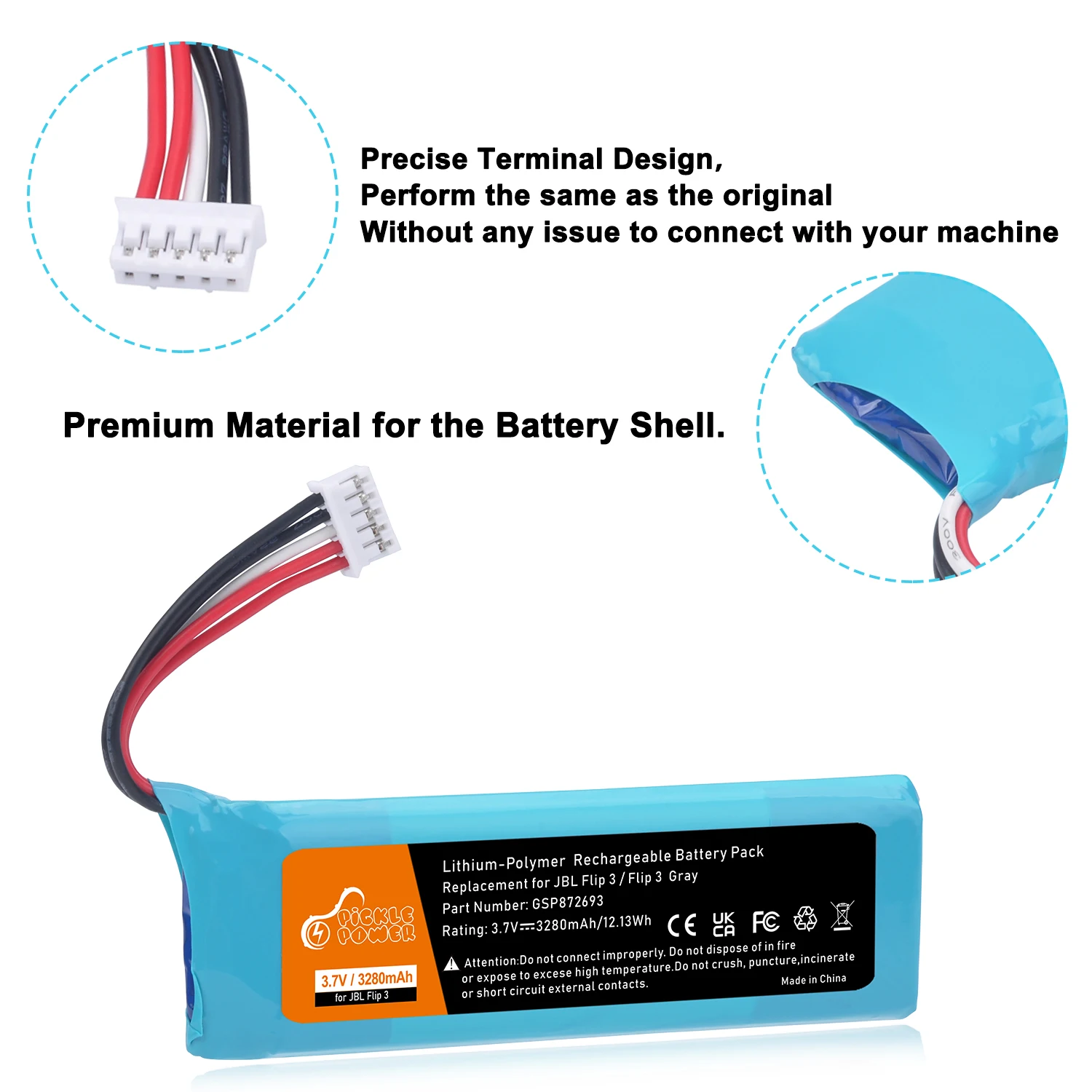 แบตเตอรี่3280MAh สำหรับ JBL Flip 3 Flip3สีเทา GSP872693 P763098 03