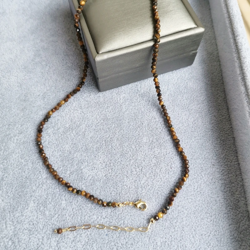 Faceted Tiger Eye Necklace Gemstones Natural Stones Beaded 14K Gold Filled Collier Femme Women BOHO Necklace collar de mujer