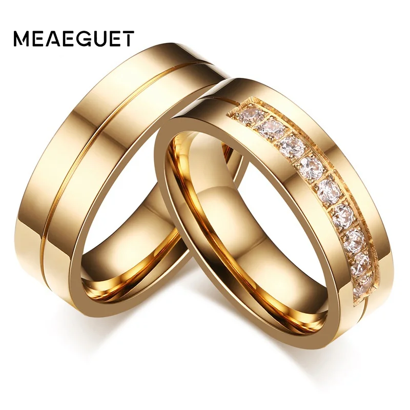 Meaeguet Gold-Color CZ Wedding Rings Lover's Cubic Zirconia Stainless Steel Romantic Ring Jewelry USA Size