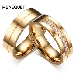 Meaeguet Gold-Color CZ Wedding Rings Lover's Cubic Zirconia Stainless Steel Romantic Ring Jewelry USA Size