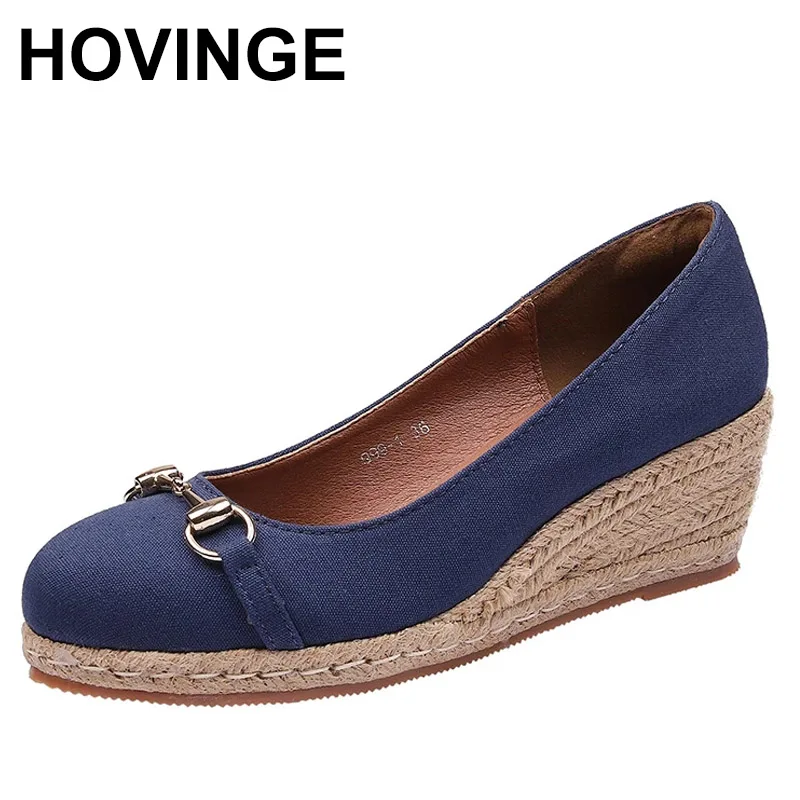 HOVINGEEspadrilles Women\'s Wedge Sandals  Spring Autumn New Metal Button High Thick-heeled Platform Shoes Women\'s Straw