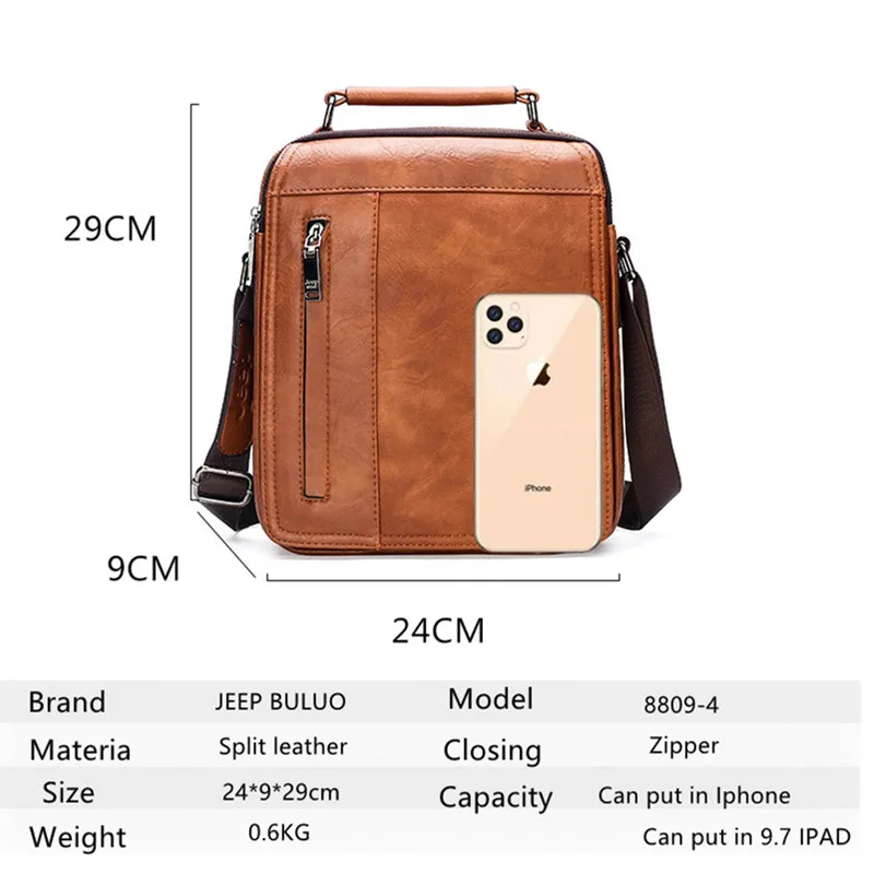 JEEP BULUO Brand Men's Messenger Shoulder Bag High Quality Fashion Split Leather Crossbody Man Bags Big Capacity For 9.7 In iPad