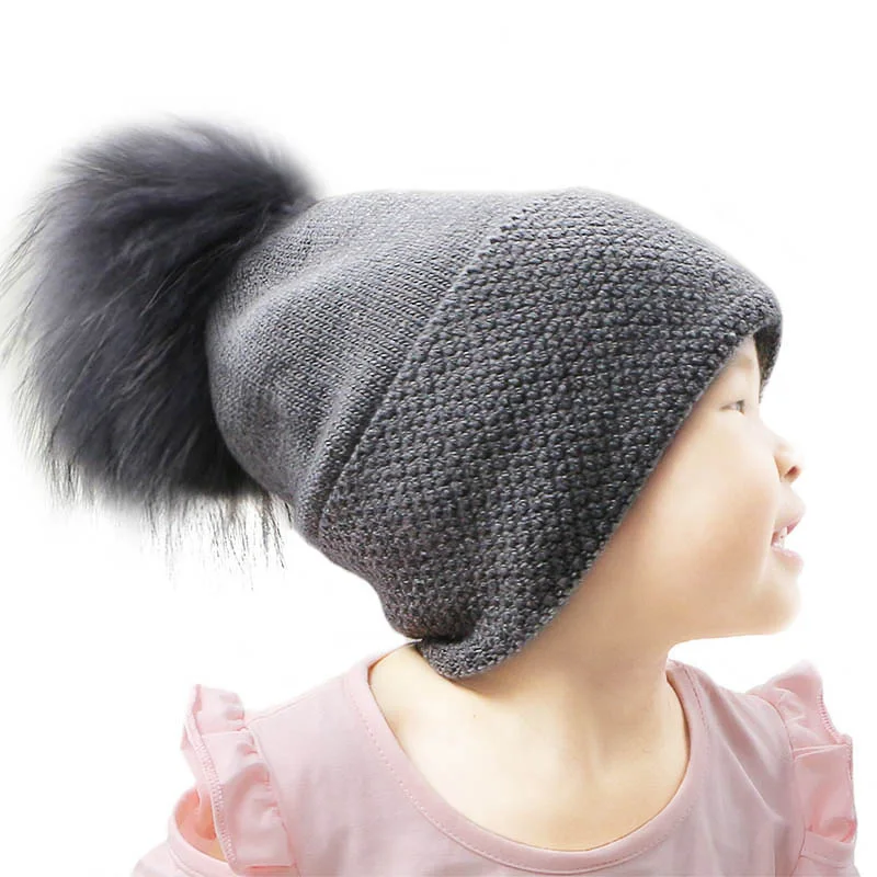 Casual Infants Baby Boys Girls Winter Warm Hat Caps With Real Fur pompom Kids Childen Wool Thick Knitted Skullies Beanie Hats