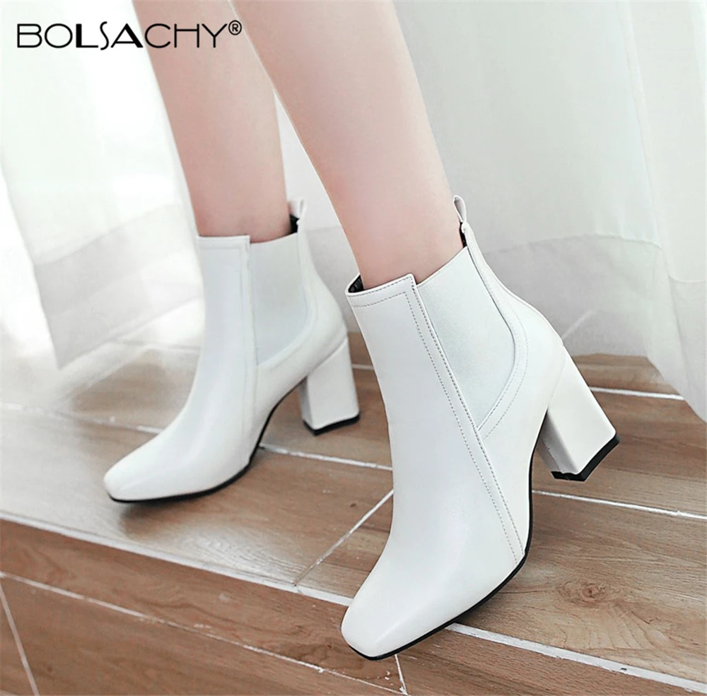 2024 New Women Square toe Slip-on Comfortable mid Heel Ankle Boots Fashion Warm Winter Shoes Black White Ladies Boots 32-43